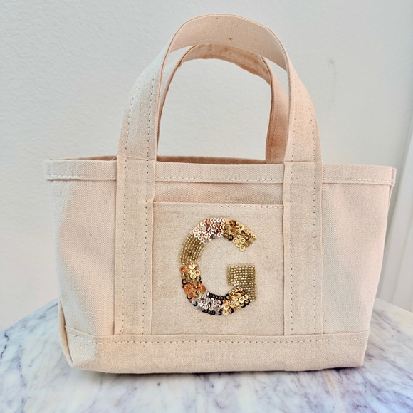 💛 Anthropologie Letter G The Hartley Monogram Mini Canvas Tote Gold Beaded Beige - Picture 3 of 14